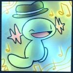 ambiguous_gender clothing hat headgear headwear looking_at_viewer looking_back open_mouth smile solo hidden_mudkip nintendo pokemon amphibian generation_2_pokemon pokemon_(species) wooper 1:1 low_res