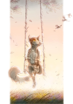 anthro barefoot cheek_tuft clothed clothing facial_tuft feet fluffy fluffy_tail grass group holding_object leaf plant sitting smile solo_focus swing tail tuft wind deygira-blood avian bird canid mammal 2020 hi_res
