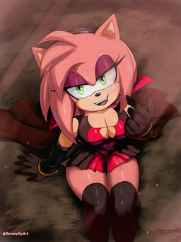 anthro armwear bedroom_eyes breasts cape cleavage clothed clothing costume dress elbow_gloves eyelashes fangs female fur gloves green_eyes hair half-closed_eyes halloween_costume handwear holidays legwear looking_at_viewer narrowed_eyes open_mouth pink_body seductive sitting smile solo stockings teeth soranygyart halloween sega sonic_the_hedgehog_(series) amy_rose eulipotyphlan hedgehog mammal digital_media_(artwork)