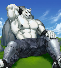 5_fingers abs anthro arm_tuft armpit_hair biceps black_nose body_hair body_tuft bottomwear brown_eyes camo camo_bottomwear camo_clothing camo_pants camo_print chest_hair chest_tuft claws clothed clothing eye_patch eyewear facial_tuft feet fingers fur grass hair hairy hand_behind_head handwear head_tuft legwear looking_at_viewer lying_on_object male muscular muscular_anthro muscular_male neck_tuft nipples outside pants pattern_bottomwear pattern_clothing pattern_pants pecs plant rock serratus sitting sky solo spread_legs spreading topless topless_male triceps tuft white_body white_fur amon-sydonai epic_games fortnite polar_patroller bear mammal polar_bear ursine hi_res watermark