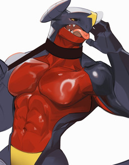abs collar male navel pecs red_body simple_background solo tongue tongue_out white_background goodboymono nintendo pokemon garchomp generation_4_pokemon pokemon_(species) colored