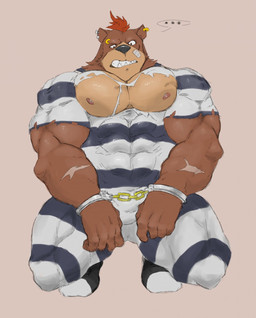 5_fingers anthro bandage big_muscles black_nose brown_body brown_fur bulge clothing cuff_(restraint) ear_piercing ear_ring eyebrow_piercing facial_piercing fingers footwear fur hair handcuffs humanoid_hands male metal_cuffs muscular muscular_anthro muscular_male nipples piercing pink_nipples prisoner red_hair restraints ring_piercing scar shackles shoes simple_background solo tight_clothing thedragonred12 bear mammal 2015 hi_res