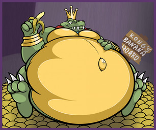 anthro banana belly big_belly border cape clothing crown food fruit hand_on_belly headgear huge_belly male navel obese obese_male outie_navel overweight overweight_male plant purple_border solo stuffing sewergator donkey_kong_(series) nintendo king_k._rool crocodile crocodilian kremling reptile scalie hi_res