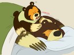 ambiguous_gender bed bedding black_nose blanket brown_body clothing duo feral furniture lying male paws pillow shirt sitting topwear young young_ambiguous young_feral leifyyy animal_crossing nintendo ike_(animal_crossing) poko_(animal_crossing) bear mammal hi_res