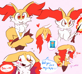 3_fingers ambiguous_anthro ambiguous_gender angry anthro arm_tuft biped black_body black_fur blush blush_lines blush_stickers bodily_fluids cheek_tuft chest_tuft chips_(food) closed_smile cute_fangs dipstick_tail disembodied_hand duo ears_down embarrassed eyes_closed facial_tuft fangs fingers fire food front_view frown fur furrowed_eyebrows hand_on_belly hand_on_head happy headpat heart_symbol holding_object holding_stick hungry inner_ear_fluff looking_at_viewer looking_away markings mouth_closed multicolored_body multicolored_fur multiple_angles nude_ambiguous nude_anthro object_in_tail open_mouth open_smile orange_body orange_eyes orange_fur orange_nose orange_tail_tip pink_background pivoted_ears pointy_ears pokemon_speak prick_ears rumbling_stomach shoulder_tuft simple_background smile snout solo_focus speech_bubble standing stick stick_in_tail sweat sweatdrop tail tail_markings teeth text thought_bubble tuft two_tone_tail white_body white_fur yellow_body yellow_fur yellow_tail stubbypubby nintendo pokemon braixen canid generation_6_pokemon mammal pokemon_(species) 2025 digital_drawing_(artwork) digital_media_(artwork) english_text flat_colors hi_res