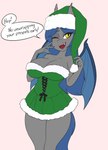 anthro breasts christmas_clothing christmas_headwear cleavage clothed clothing dialogue female hair hat headgear headwear holidays open_mouth purple_hair santa_hat smile solo standing text yellow_eyes skecchiart christmas hasbro my_little_pony fan_character racket_rhine bat_pony equid mammal 2017 english_text hi_res