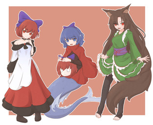 accessory alternate_costume asian_clothing black_choker black_clothing black_dress black_footwear black_jewelry black_necklace black_shirt black_shoes black_topwear blue_eyes blue_hair bottomwear bow_ribbon brown_hair choker cloak clothing clothing_swap cosplay disembodied_head dress ear_fins east_asian_clothing eyebrow_through_hair eyebrows female fin footwear green_clothing green_kimono group hair hair_accessory hair_bow hair_ribbon japanese_clothing jewelry kimono multicolored_clothing multicolored_dress necklace open_mouth open_smile outline red_bottomwear red_cloak red_clothing red_dress red_eyes red_hair red_skirt ribbons shirt shoes simple_background skirt smile split_form topwear translucent translucent_hair trio white_clothing white_dress white_outline kokowoch touhou kagerou_imaizumi sekibanki wakasagihime animal_humanoid aquatic canid canid_humanoid canine canine_humanoid human humanoid mammal mammal_humanoid merfolk wolf_humanoid absurd_res hi_res