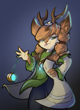 accessory anthro antlers blonde_hair eyelashes female flower flower_accessory flower_in_hair flower_on_head green_eyes hair hair_accessory hairclip headband hooves horn jewelry necklace plant solo tongue tongue_out toy yo-yo dovykiin gunfire_reborn yoyo_(gunfire_reborn) deer mammal hi_res