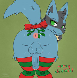 anthro anus balls bent_over bodily_fluids butt butt_focus clothing dripping erection fur genital_fluids genitals holidays humanoid_genitalia humanoid_penis inviting leaking_precum legwear looking_at_viewer looking_back looking_back_at_viewer male mostly_nude penis precum precum_drip presenting presenting_anus presenting_hindquarters presenting_penis raised_tail rear_view seductive simple_background solo standing stockings tail teasing moodytail christmas nintendo pokemon generation_4_pokemon lucario pokemon_(species) 2025 digital_media_(artwork) hi_res