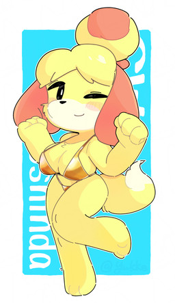 anthro big_breasts bikini blonde_hair breasts chest_tuft clothing dipstick_tail eyebrows feet female fur gold_bikini hair markings one_eye_closed one_leg_up raised_leg smile solo swimwear tail tail_markings tuft two-piece_swimsuit white_body white_fur wink yellow_body yellow_fur kemoyukke animal_crossing nintendo isabelle_(animal_crossing) canid canine canis domestic_dog mammal shih_tzu toy_dog 2026 absurd_res hi_res