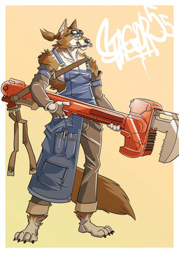 4_toes 5_fingers anthro apron armwear athletic athletic_anthro athletic_male barefoot bottomwear brown_background claws clothing detached_sleeves engineer_(profession) eyewear eyewear_on_head feet finger_claws fingerless_gloves fingers glasses gloves goggles goggles_on_head handwear holding_object holding_tool humanoid_hands male mechanic overalls overalls_only pants plantigrade shirtless simple_background solo tail toe_claws toes tools wearing_glasses wrench wrench_in_mouth furious_(artist) stagor55's_fursona canid canine canis domestic_dog husky mackenzie_river_husky mammal nordic_sled_dog spitz 2011 character_request colored digital_drawing_(artwork) digital_media_(artwork) full-length_portrait hi_res line_art portrait shaded