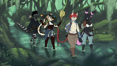 alternate_species anthro arrow_(weapon) bow_(weapon) breasts broom cleaning_tool clothing detailed_background female group hair hat headgear headwear holding_broom holding_cleaning_tool holding_object male nipples outside ranged_weapon red_hair smile swamp tail walking weapon witch_hat halcy0n nintendo pokemon bri_(theghostsaint21) lumine_(luminethewolf767) animal_humanoid eeveelution felid felid_humanoid generation_2_pokemon humanoid lizard mammal mammal_humanoid pokemon_(species) reptile scalie umbreon 16:9 2023 character_request digital_media_(artwork) hi_res widescreen