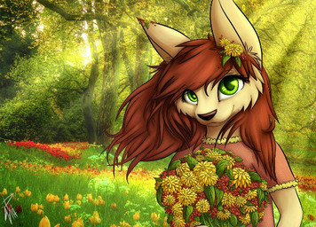 accessory anthro black_nose bouquet brown_hair clothed clothing day eyelashes female flower flower_bouquet flower_in_hair forest fur green_eyes hair hair_accessory holding_bouquet holding_flower holding_object light long_hair looking_at_viewer outside photo_background pink_clothing pink_shirt pink_topwear plant shirt solo sunlight tan_body tan_fur topwear tree tulips bloominglynx canid canine fox mammal 2018 bust_portrait digital_drawing_(artwork) digital_media_(artwork) mixed_media photography_(artwork) portrait shaded