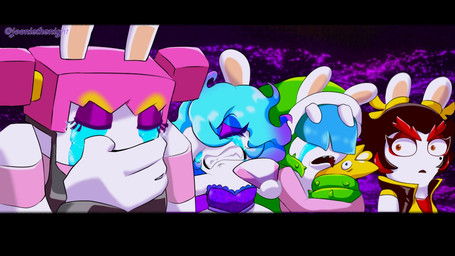 4_fingers ambiguous_gender anthro bangs black_clothing black_eyes black_hair black_leotard black_topwear black_vest blue_hair bodily_fluids clenched_teeth clothed clothed_anthro clothed_female clothing covering covering_mouth crying dress ear_ribbon eyebrows eyelashes eyelashes_through_hair eyes_closed eyeshadow fangs female female_anthro fingers frown group hair hair_over_eyes holding_fan hug hugging_another larger_anthro larger_female leotard light long_ears looking_at_another makeup mitten_hands multicolored_hair noseless open_frown open_mouth orange_eyes paper_fan pigtails pink_clothing pink_hair pink_shirt pink_topwear plant purple_clothing purple_dress purple_hair red_clothing red_eyebrows red_eyeshadow red_hair red_shirt red_topwear rock sharp_teeth shirt short_hair size_difference smaller_anthro smaller_female surprised tan_inner_ear tears tears_of_sadness teeth text thick_eyebrows thorns topwear translucent translucent_hair two_tone_hair vest vines wavy_hair worried_look yellow_body yellow_hair_tie yellow_ribbon yellow_skin jooniethenight mario_plus_rabbids_sparks_of_hope nintendo raving_rabbids rayman_(series) ubisoft bedrock_(mario_plus_rabbids) daphne_(mario_plus_rabbids) kanya_(mario_plus_rabbids) midnite_(mario_plus_rabbids) starburst_(mario_plus_rabbids) elemental_creature flora_fauna ghost hybrid lagomorph mammal mineral_fauna rabbid rock_creature spark_(mario_plus_rabbids) spirit 16:9 2024 artist_name colored crossover digital_drawing_(artwork) digital_media_(artwork) english_description letterbox lighting shaded widescreen