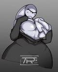 big_breasts breasts clothed clothing covering covering_breasts female gradient_background grey_background not_furry simple_background solo teaspoon cyclops humanoid