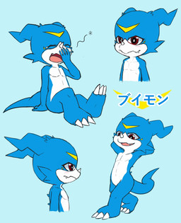 anthro blue_background blue_body blush claws half-closed_eyes head_markings male markings narrowed_eyes open_mouth red_eyes simple_background sitting solo spikes standing text toe_claws white_markings yawn yellow_markings young young_anthro rusho bandai_namco digimon digimon_(species) reptile scalie veemon 2020 hi_res japanese_text
