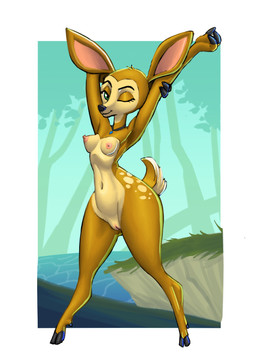 anthro big_ears breasts collar collar_only female genitals green_eyes nipples nude nude_anthro nude_female one_eye_closed smile solo stretching thick_thighs vulva fantasy_colored mating_season_(series) fawn_(mating_season) absurd_res hi_res