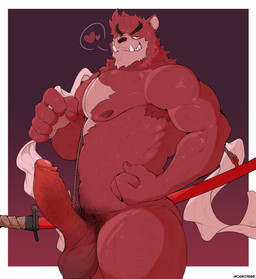 anthro armpit_hair balls body_hair erection flexing flexing_bicep fur genitals glans grin grinning_at_viewer heart_symbol holding_object katana male melee_weapon muscular muscular_anthro muscular_male neck_tuft nipples nude penis pubes red_body red_fur smile smiling_at_viewer solo standing sword tuft weapon retsito the_boy_and_the_beast kumatetsu bear mammal