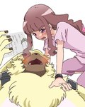 ahoge angry anthro blush blush_lines brown_face brown_hair duo female fur green_ahoge_tip hair hair_over_eyes hand_on_chest holographic_screen long_ears long_hair lying male on_back on_top open_mouth pink_eyes reading yellow_body yellow_fur odd_milmake bandai_namco digimon digimon_ghost_game angoramon_(ghost_game) ruri_tsukiyono angoramon digimon_(species) human lagomorph leporid mammal rabbit