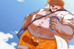 anthro beach belly bottomwear brown_body brown_fur bulge bulge_grab clothing disembodied_hand duo embarrassed fur grope hat headgear headwear male navel nipples outside overweight overweight_male seaside shorts straw_hat swimwear monochrome_kg lifewonders tokyo_afterschool_summoners jambavan_(tas) bear mammal