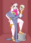 anthro bone clothing footwear holding_skull horn male robe sandals scarf shoes simple_background skull solo standing nkwaru deltarune undertale_(series) ralsei bovid caprine goat mammal hi_res