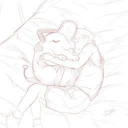 bed bedding bottomwear closed_smile clothed clothing duo eyes_closed feral furniture hair hug lying male mouth_closed on_bed on_side short_hair shorts sleeping smile topwear young young_human young_male crazydrak chainsaw_man denji_(chainsaw_man) pochita_(chainsaw_man) canid canine human mammal 1:1 2022 dated monochrome signature sketch