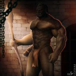 abs arm_tattoo barazoku beard biceps big_muscles body_hair bottomwear bulge chain chest_hair claws clothed clothing dungeon facial_hair glowing glowing_eyes hair hairy happy_trail holding_object holding_staff inside light loincloth long_hair male manly markings muscular muscular_humanoid muscular_male nipples not_furry open_mouth pecs ponytail red_eyes solo staff standing tattoo teeth three-quarter_view topless topless_humanoid topless_male triceps tusks icysage humanoid orc 1:1 hi_res portrait three-quarter_portrait