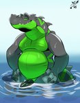 anthro belly genitals green_body green_scales grey_body grey_scales hands_on_hips humanoid_genitalia humanoid_penis male nude penis scales simple_background solo standing tail teeth vein veiny_penis water wet wet_body yellowluster koal_(huskhusky) crocodile crocodilian reptile scalie 2024 digital_media_(artwork) hi_res