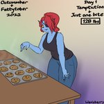 1:1 anthro blue_body blue_scales breasts cookie english_text eye_patch eyewear female fish food furniture hair hi_res marine ponytail red_eyes red_hair scales signature solo steam table text undertale_(series) undyne weight_gain wenisberry