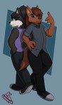 ambiguous_gender anthro back_to_back clothing collared_shirt dress_shirt duo female looking_at_viewer looking_back pose raised_hand shirt tank_top topwear lonnyk kayla_(lonnyk) lani_(lonnyk) canid canine canis domestic_dog husky mammal nordic_sled_dog spitz hi_res