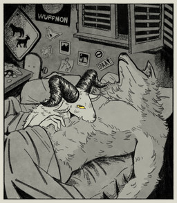 abs anthro anthro_on_anthro bag bed bedding bedroom biceps blanket border chips_(food) cuddling duo food fur furniture grey_border hand_on_belly horn inside looking_at_viewer lying male male/male muscular muscular_anthro muscular_male narrowed_eyes nude on_back on_bed on_front pecs pillow sign skateboard sleeping sticker text tuft under_covers vehicle window yellow_sclera crustedart bovid canid canine canis caprine goat mammal wolf 2025 english_text hi_res restricted_palette