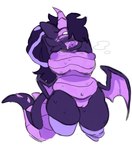 anthro big_breasts bodily_fluids breasts breath clothing excited female frill_(anatomy) panting purple_body purple_eyes slightly_chubby solo sweat tail thick_thighs undressing goinky microsoft minecraft mojang mythology xbox_game_studios ender_(goinky) dragon ender_dragon mythological_creature mythological_scalie scalie