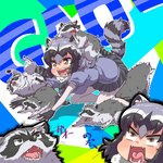 biped black_nose clothed clothing feral fur grey_body grey_fur group humanoid_hands simple_background text umikazenet3 kemono_friends arai-san animal_humanoid humanoid mammal mammal_humanoid procyonid procyonid_humanoid raccoon raccoon_humanoid 1:1