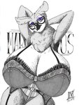 big_breasts bra breasts cleavage clothed clothing eyeshadow eyewear female glasses green_eyes hands_behind_head huge_breasts lingerie makeup purple_eyeshadow solo underwear zipper zwitterkitsune marissa_hoyos avian bird horned_owl owl true_owl hi_res restricted_palette sketch spot_color traditional_media_(artwork)