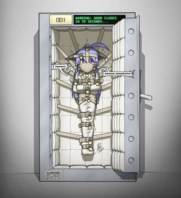 bdsm bondage bound encasement gagged_talk hair legs_tied lock male muzzle_(object) muzzled padded_room padlock peril permanent_bondage purple_eyes purple_hair restraints sleepsack solo straitjacket straps suspension text vault vault_door alodo_(artist) alodo_(character) animal_humanoid cat_humanoid felid felid_humanoid feline feline_humanoid humanoid mammal mammal_humanoid english_text