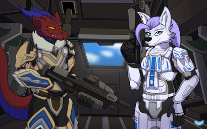 anthro armor bottomwear clothed clothing duo female fur gun hair holding_gun holding_object holding_ranged_weapon holding_rifle holding_weapon horn looking_at_viewer male ormr pants ranged_weapon raptile rifle scales smile standing tail topwear weapon white_body white_fur watchit halo_(series) microsoft mythology xbox_game_studios peacewolf_(character) canid canine canis dragon mammal mythological_creature mythological_scalie reptile scalie wolf 16:10 absurd_res digital_media_(artwork) hi_res widescreen