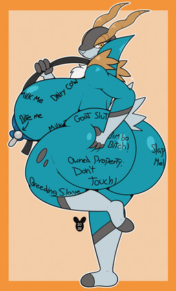 anthro areola big_breasts big_butt blue_areola blue_nipples body_writing breasts breed brown_eyes butt clothing exclamation_point female footwear gloves hand_on_butt hand_on_own_butt handwear horn huge_breasts huge_butt looking_at_viewer looking_back nipple_piercing nipples nude on_one_leg ownership piercing side_boob socks solo standing text thick_thighs whip wide_hips luanctoons nintendo pokemon cobalion generation_5_pokemon legendary_pokemon pokemon_(species) 2025 absurd_res digital_media_(artwork) english_text hi_res