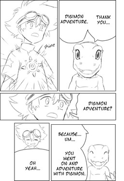 anthro claws dialogue duo eyewear eyewear_on_head goggles goggles_on_head male smile text phantom_phony bandai_namco digimon thank_you_chainsaw_man taichi_kamiya agumon digimon_(species) human mammal scalie comic english_text monochrome