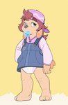 anthro backwards_hat blowing_bubble_gum bubble bubble_gum candy clean_diaper clothed clothing dessert diaper diaper_under_clothing dress dress_pocket exposed_diaper female food gum hand_in_pocket hat headgear headwear inflating looking_at_viewer overall_dress overalls pockets skirtalls solo standing wearing_diaper young young_anthro bubblepuppers canid canine canis domestic_dog mammal hi_res