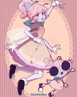4_arms antennae_(anatomy) anthro big_eyes black_clothing black_footwear black_shoes brown_eyes clothing dress female footwear freckled_face freckles gloves hair handkerchief handwear insect_wings kerchief multi_arm multi_limb pattern_clothing pink_clothing pink_dress pink_hair purple_body shoes spots spotted_clothing white_clothing white_gloves white_handwear wings monstuwitos disney the_buzz_on_maggie maggie_pesky arthropod fly_(animal) insect hi_res