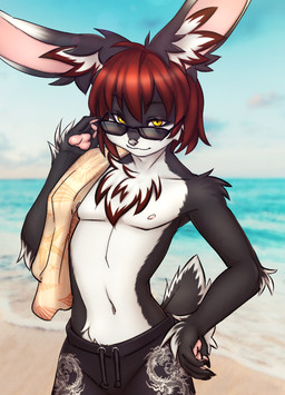 anthro beach brown_hair clothing fluffy fluffy_chest fur grey_body grey_fur hair inner_ear_fluff male solo standing sunglasses_down swimming_trunks swimwear towel towel_on_shoulder tuft white_body white_fur elronya carmo lagomorph leporid mammal rabbit hi_res