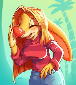 anthro big_nose blush breasts female giggling hair hair_bun laugh silly solo sun sunny luniquekero kero_(luniquekero) lagomorph leporid mammal rabbit