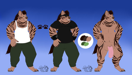 anthro big_penis black_clothing black_shirt black_stripes black_t-shirt black_topwear brown_body brown_fur clothing eyewear fur genitals glasses gradient_background hand_on_hip male nude_anthro nude_male penis shirt simple_background solo striped_body striped_fur stripes t-shirt tank_top topwear wearing_glasses white_clothing white_shirt white_tank_top white_topwear alchemyfox canid canine canis domestic_dog hyena mammal wolf digital_drawing_(artwork) digital_media_(artwork) english_description hi_res model_sheet