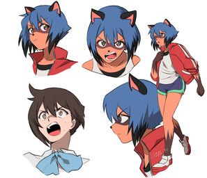 anthro black_hair blue_body blue_eyes blue_hair bodily_fluids bottomwear brown_body brown_fur clothed clothing facial_markings female footwear fur gloves_(marking) hair head_markings jacket looking_at_viewer markings mask_(marking) multicolored_body multicolored_fur multicolored_hair multiple_poses pose shorts solo sweat tongue topwear shinno brand_new_animal studio_trigger michiru_kagemori canid canine human mammal raccoon_dog tanuki 2020