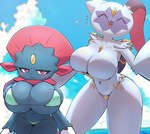 anthro beach big_breasts bikini blush breasts clothed clothing duo female fur looking_at_viewer outside red_eyes smile swimwear two-piece_swimsuit ebino_senaka nintendo pokemon pokemon_legends_arceus generation_4_pokemon generation_8_pokemon mammal pokemon_(species) sneasler weavile