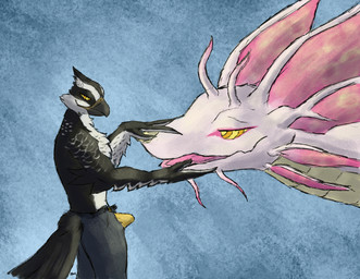 anthro beak bottomwear clothed clothing duo erection erection_under_clothing feathers feral hypnosis hypnotic_eyes male male/male mind_control open_mouth pants ringed_eyes rubbing_head shirtless simple_background tenting underwear white_body white_feathers winged_arms wings sqwkr capcom monster_hunter accipitriform avian bird leviathan_(mh) mizutsune osprey digital_media_(artwork) hi_res