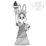 anthro cosplay female holding_object smile solo torch hatakeclarissarts disney zootopia judy_hopps statue_of_liberty lagomorph leporid mammal rabbit 2024 hi_res monochrome