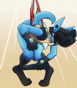 anthro bent_over big_butt bottomwear bottomwear_down butt clothed clothing humiliation male pants pants_down partially_clothed purple_eyes solo surprised wedgie wedgie_fetish dar-kuu nintendo pokemon dar-kuu_(dar-kuu) generation_4_pokemon lucario pokemon_(species) absurd_res hi_res