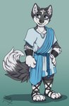 anthro biped clothed clothing dipstick_tail footwear fur gloves_(marking) leg_markings male markings roman roman_clothing sandals shirt shoes simple_background smile socks_(marking) solo standing tail tail_markings topwear tunic muzz paddy_(paddywoof) canid canine canis domestic_dog husky mammal nordic_sled_dog spitz wolf 2018 hi_res signature