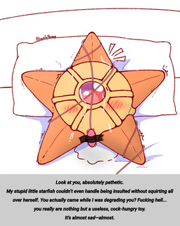 ambiguous_gender anthro bdsm bed blush bodily_fluids bondage bound cum degradation dialogue egg_vibrator ejaculation female feral furniture genital_fluids humiliation humiliation_fetish lying masturbation nude on_back orgasm pillow profanity restraints sensitive sensitivity_increaser sex_toy simple_background solo submissive tape text vaginal_fluids vaginal_fluids_puddle vaginal_squirting vibrator why wire wire_bondage sharalythesheep nintendo pokemon asterozoan echinoderm generation_1_pokemon marine pokemon_(species) starfish staryu 4:5 absurd_res digital_media_(artwork) english_text hi_res